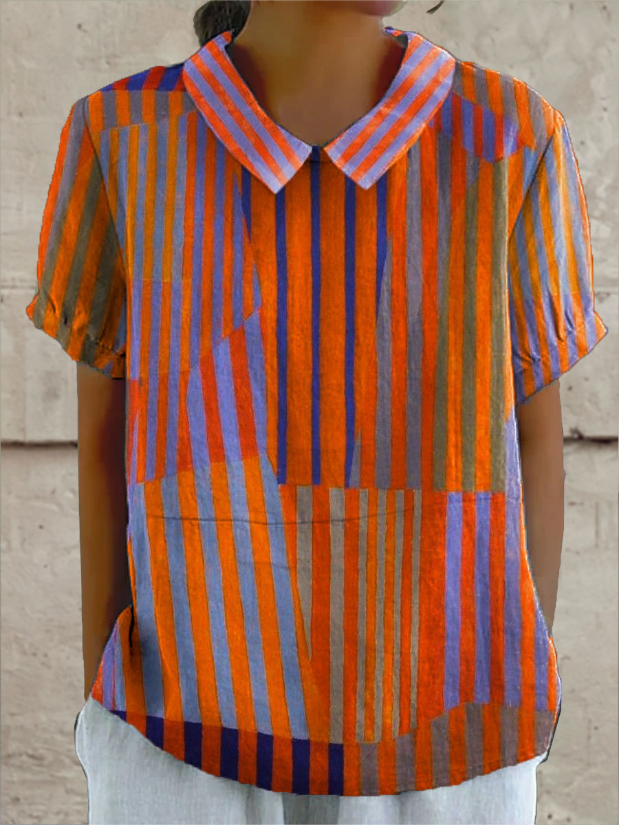 Women's Vintage Colorblock Striped Art Print Casual Cotton And Linen 3/4 Sleeve Shirt