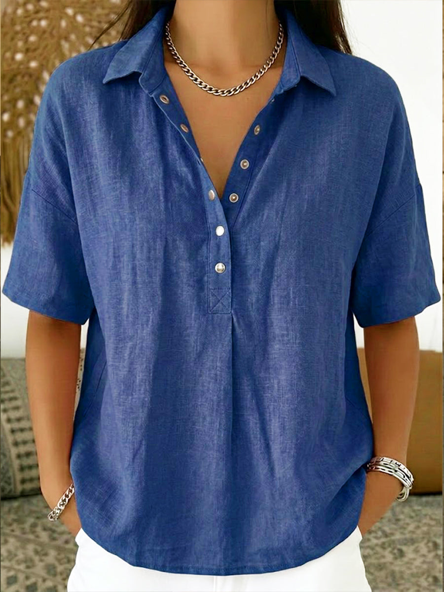 Vintage-Inspired Cotton-Linen Polo Shirt - Soft Textured Casual Top