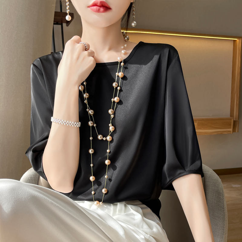 Luxury Acetate Silk-Satin Round Neck Blouse with Half Sleeves