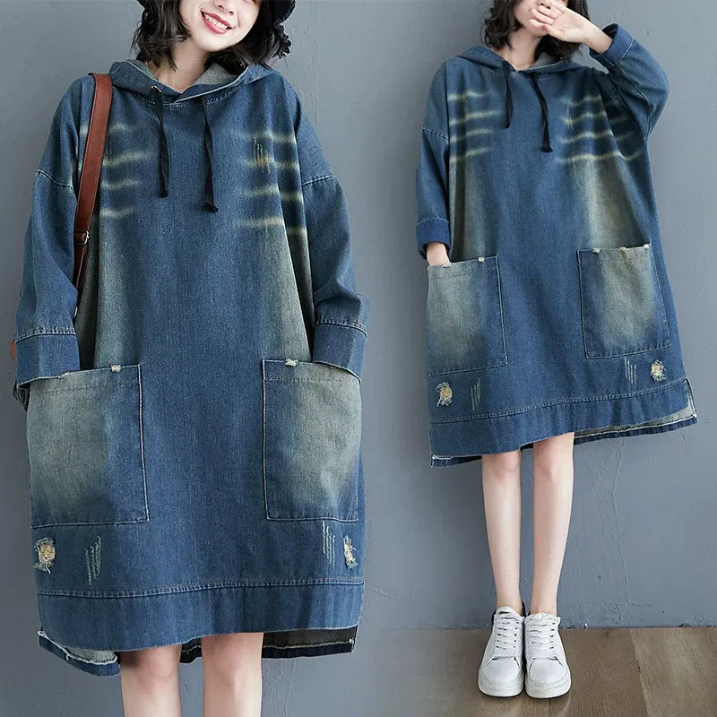 Vintage Washed Denim Hooded Sweatshirt Dress - Loose Fit Pullover Gown with Pockets
