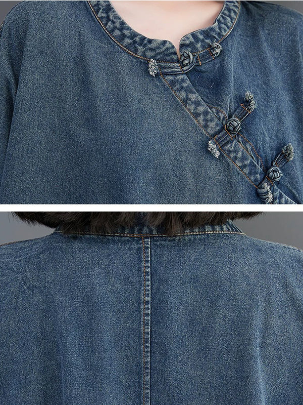 Women's Retro Denim Midi Dress | Casual Loose Fit Asymmetric Frog Button Jean Gown