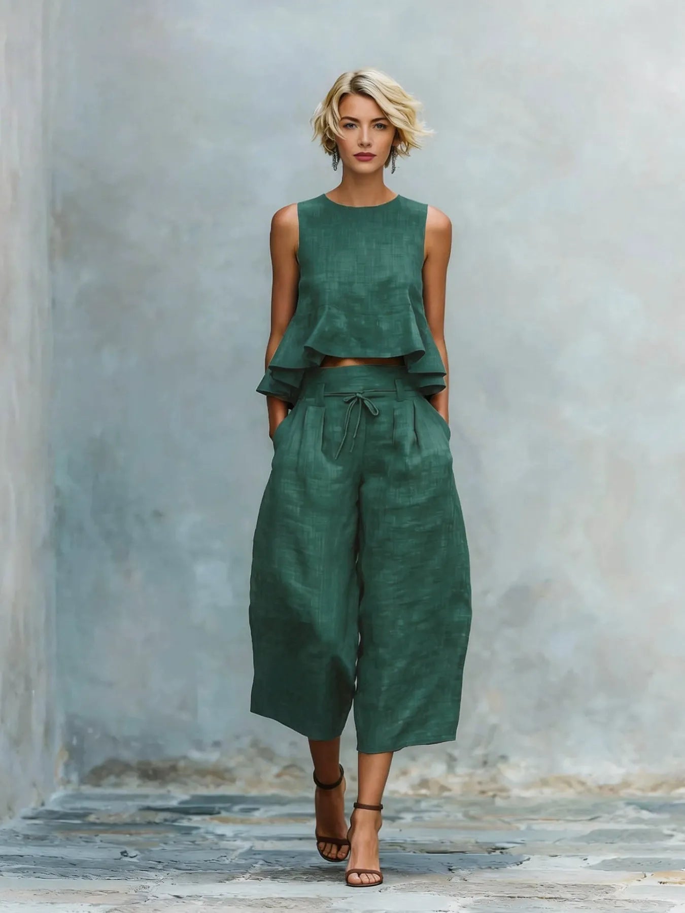 Ensemble en mélange de lin sculpté 2 pièces pour l'été | Haut sans manches à volants et jupe-culotte taille haute à jambes larges