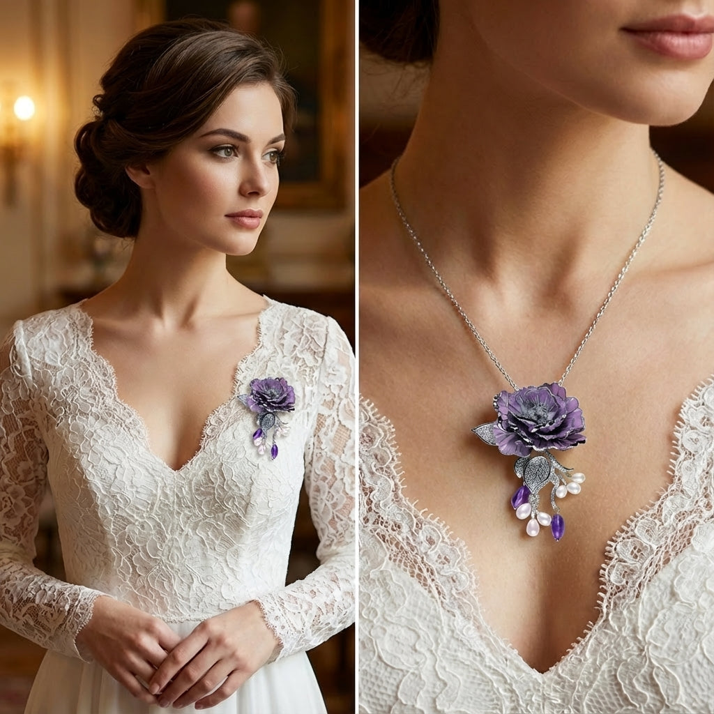 vintage purple rose brooch pendant with natural pearl and amethyst pin best women gift