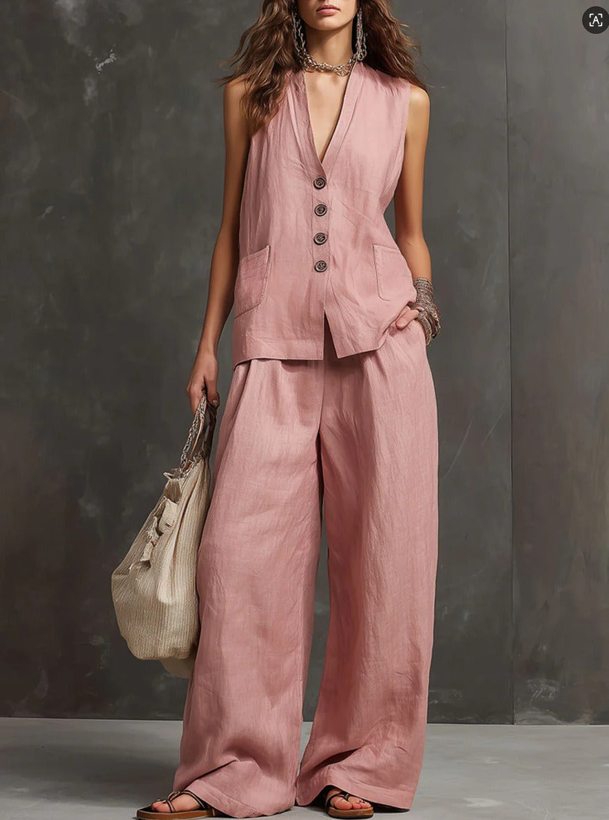 Chic Cotton Linen Blend 2-Piece Set - Sleeveless Button-Down Vest & High-Waist Wide Leg Pants Lounge Set