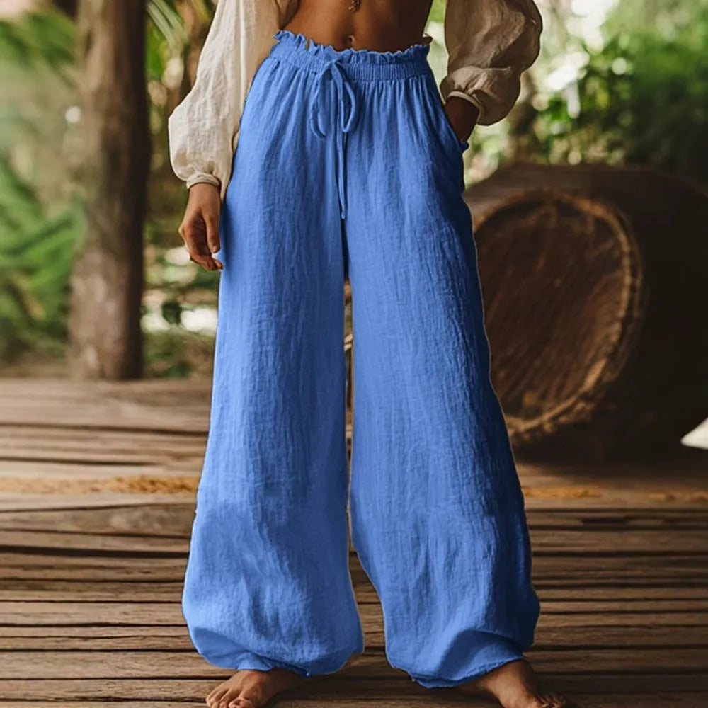 Women's Casual Wide Leg Linen Pants - High Waist Smocked Drawstring Trousers