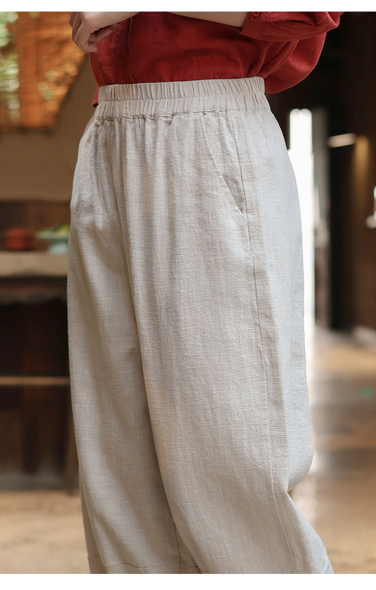 PromiseGift Retro Relaxed Fit Tapered Trousers | Sustainable Ramie Cotton Lantern Pants