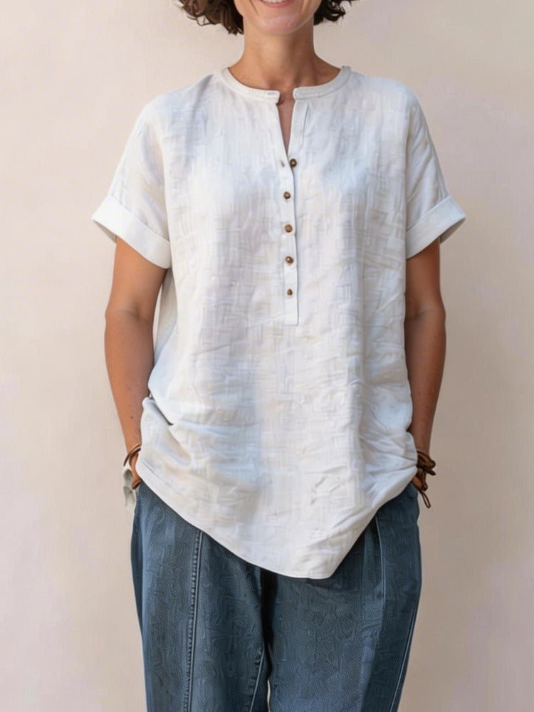 Casual Short-Sleeve Popover Shirt | Breathable Cotton-Linen Tunic with Cuffed Sleeves
