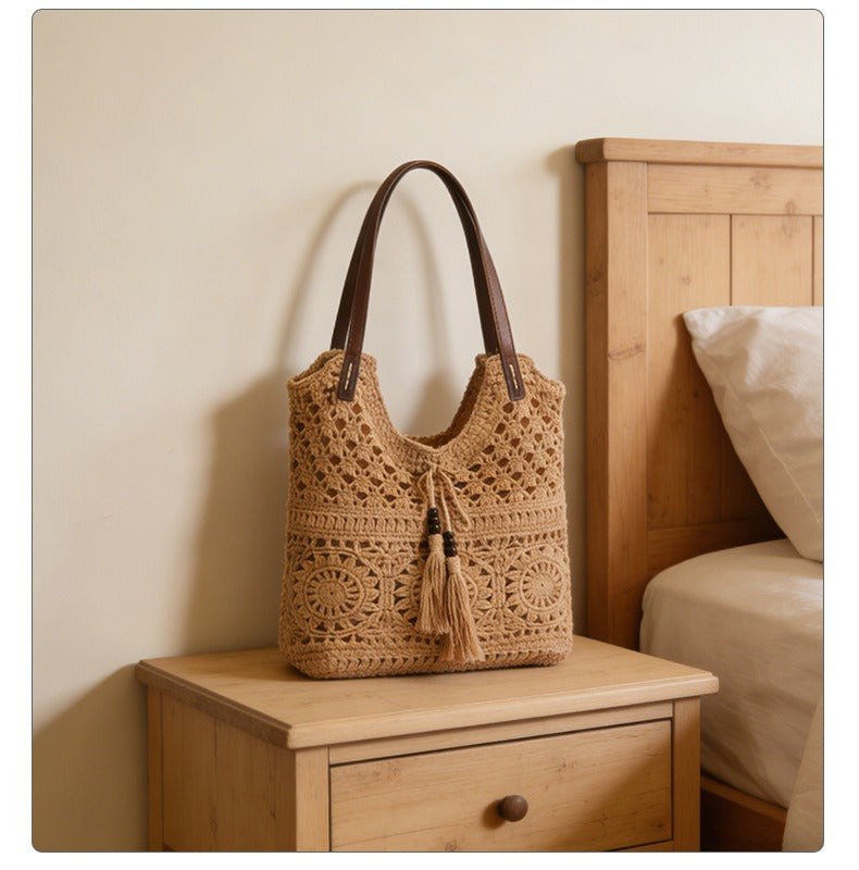 Bohemian Crochet Hollow-Out Straw Tote Bag - Handmade Mesh Shoulder Purse with Wooden Bead Tassels