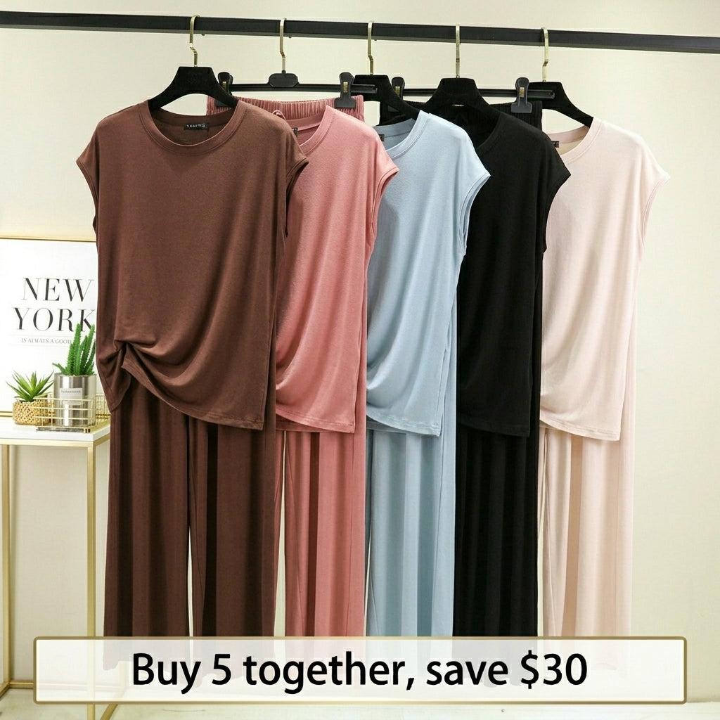 Ensemble de détente 2 pièces en modal pour femme - Tee-shirt à manches courtes et pantalon de pyjama à jambes larges