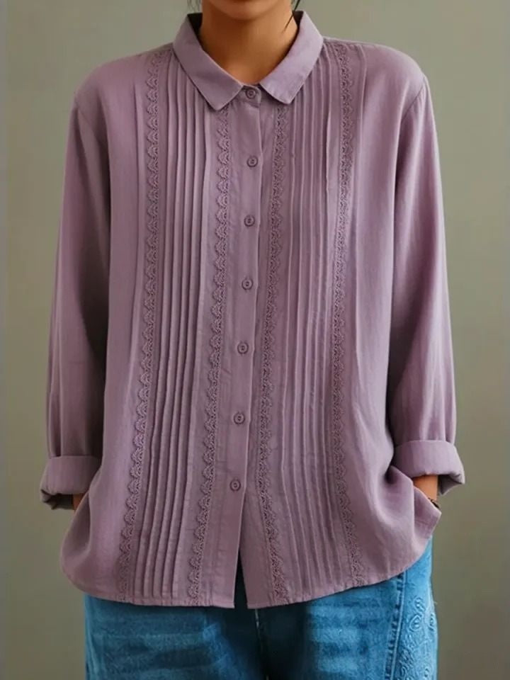 Vintage Pleated Lace Trim Cotton Linen Long Sleeve Blouse