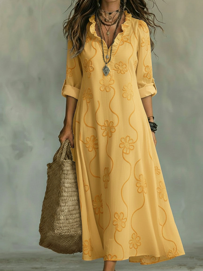 Robe trapèze florale d'inspiration rétro – Midi élégant à col à volants