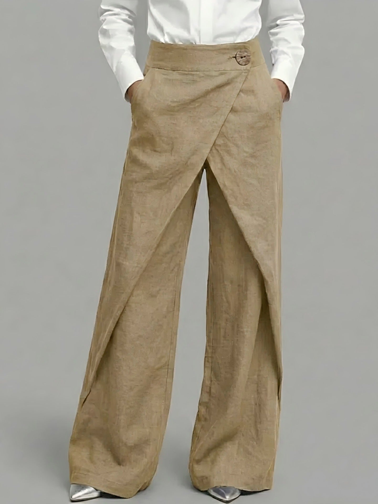High-Waisted Overlap Palazzo Pants | Breathable Linen-Cotton Wide-Leg Trousers with Button Detail
