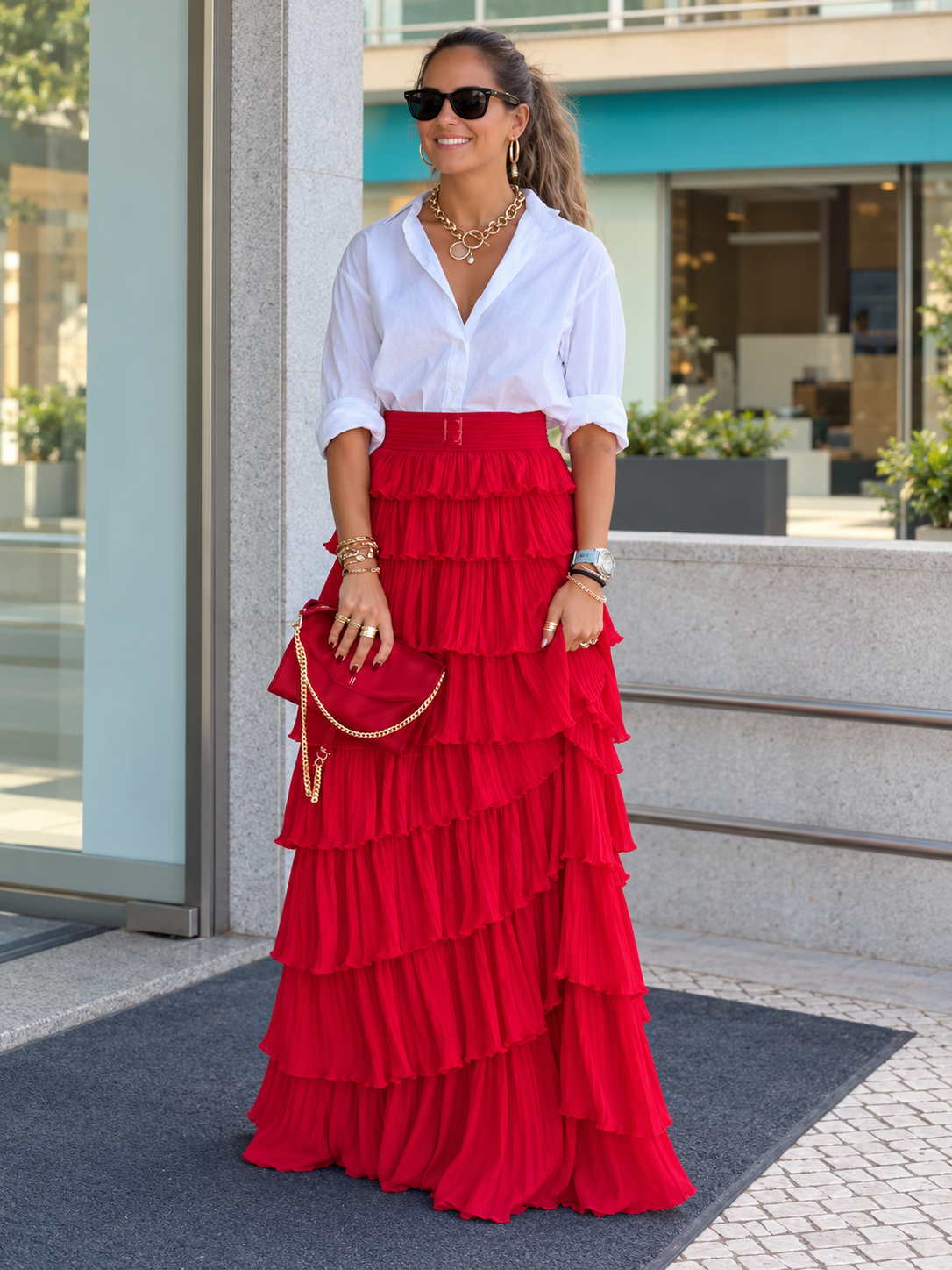 Women's Solid-Color Patchwork Longline Stretch Midi High-Waist Skirt