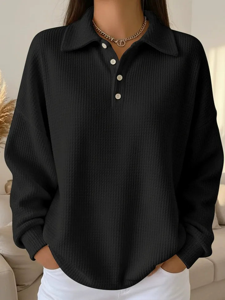 Chic Solid Color Waffle Sweater for Women - Oversized Button Front Casual Jumper