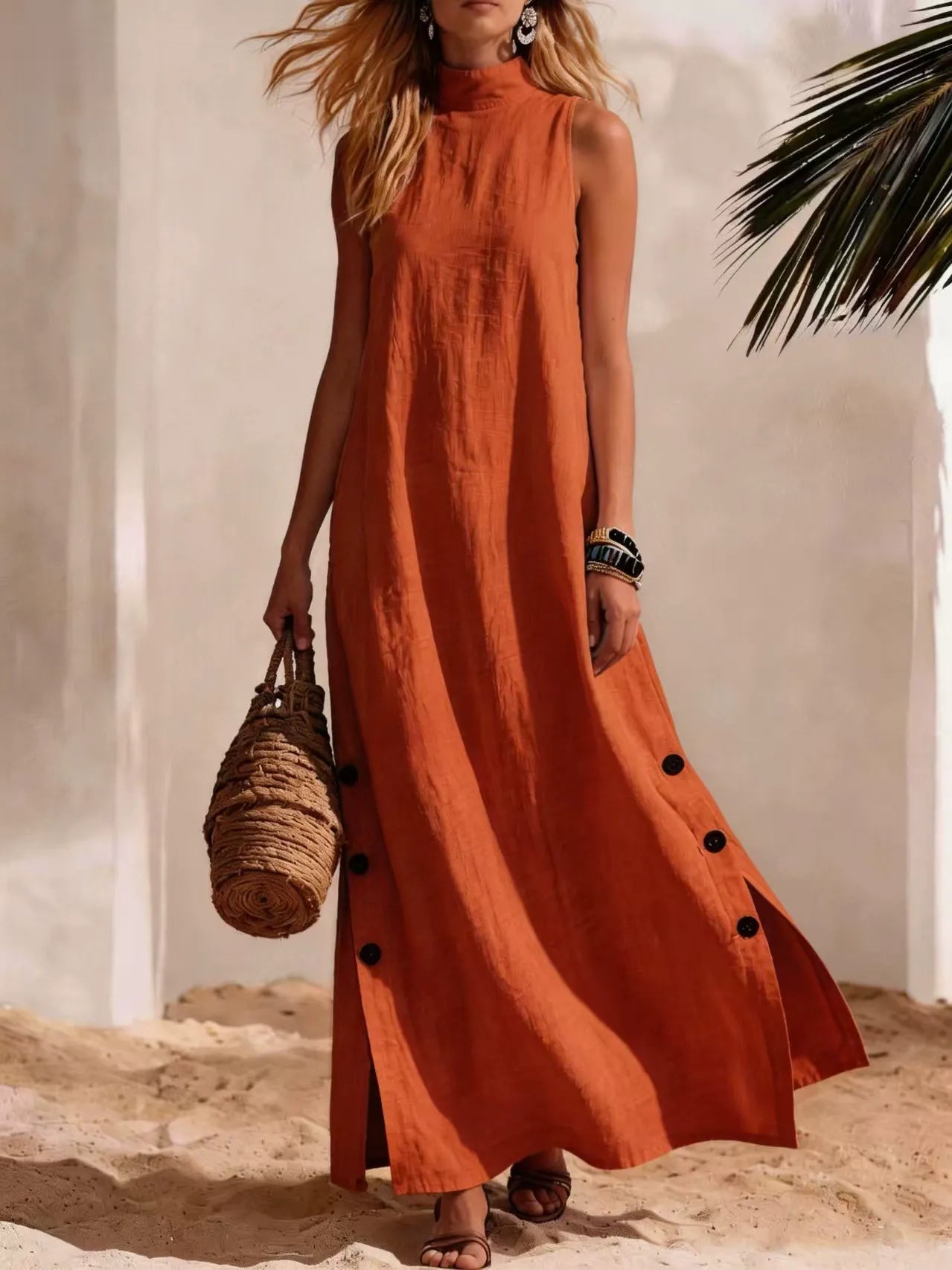 Sleeveless Mock Neck Summer Maxi | Breathable White Linen-Blend Dress with Side Slit