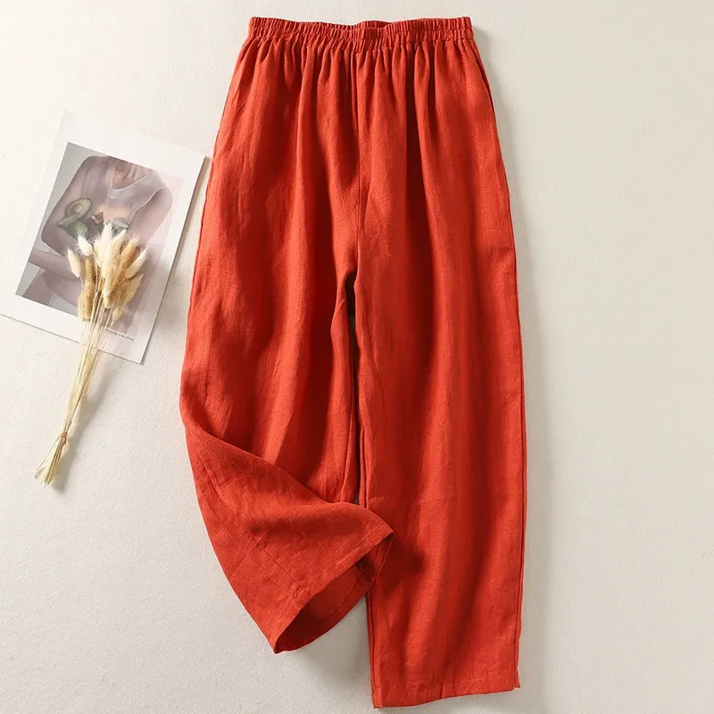 High-Waisted Smocked Elastic Waist Pants | Breathable Linen-Blend Lantern Trousers