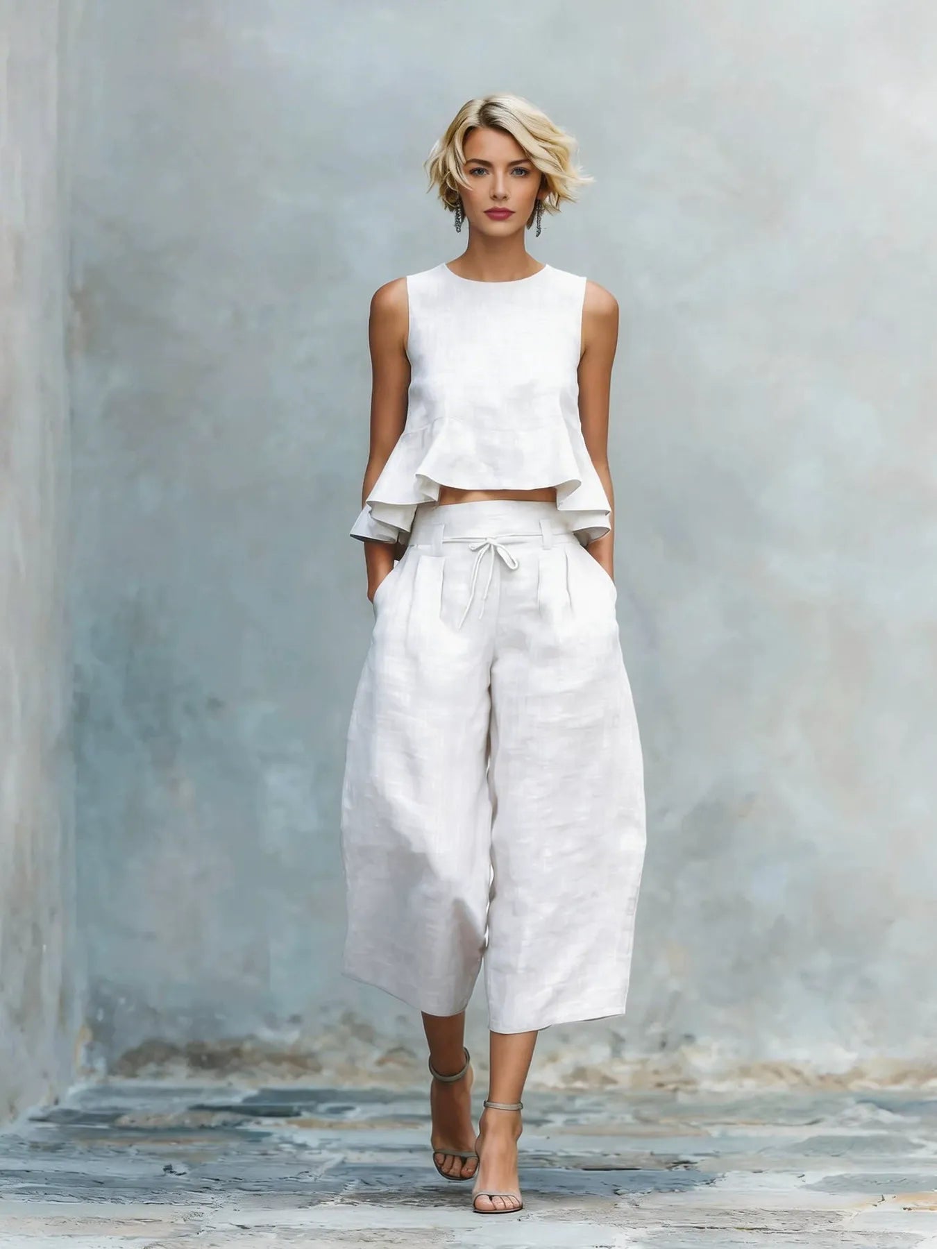 Ensemble en mélange de lin sculpté 2 pièces pour l'été | Haut sans manches à volants et jupe-culotte taille haute à jambes larges