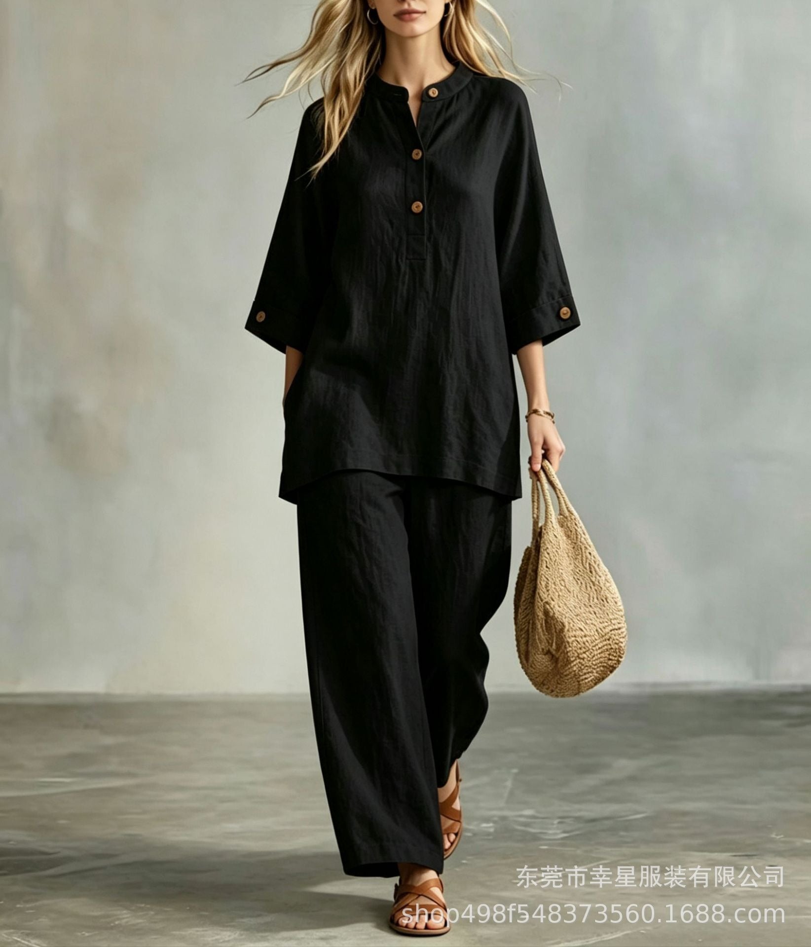 Women's Linen Look 2-Piece Lounge Set | Casual Half Sleeve Button Top & Wide Leg Pants Suit
