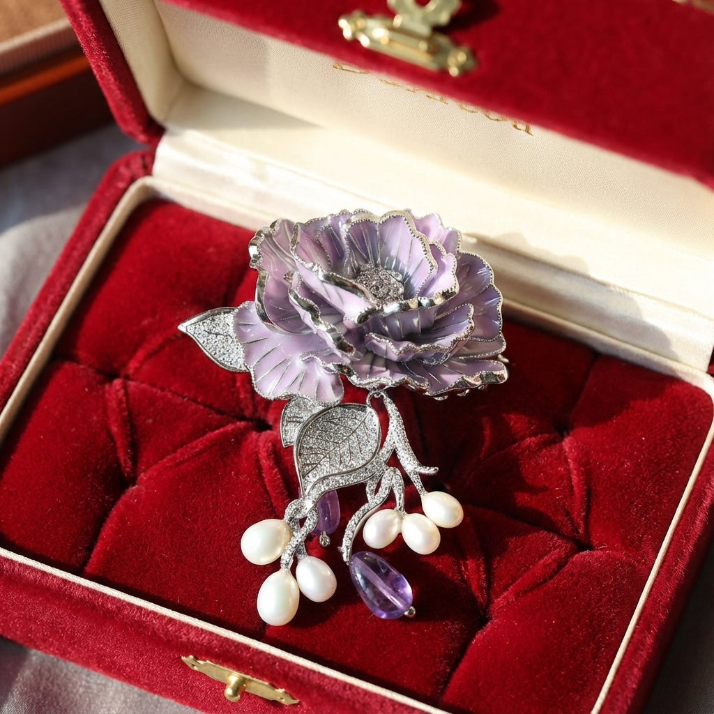 vintage purple rose brooch pendant with natural pearl and amethyst pin best women gift