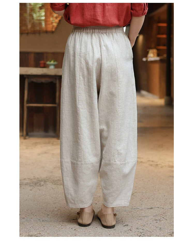 PromiseGift Retro Relaxed Fit Tapered Trousers | Sustainable Ramie Cotton Lantern Pants