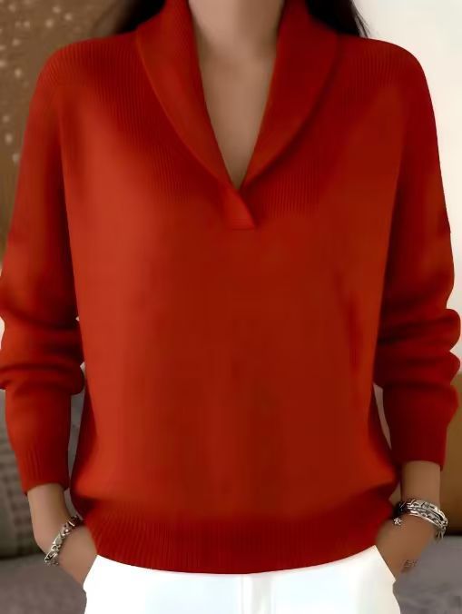 Women's Shawl Collar V-Neck Knit Sweater | Casual Solid Color Long Sleeve Pullover Top