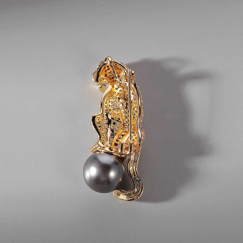 Vintage leopard zircon brooch with mother pearls, women's pin pendant jewelry gift.