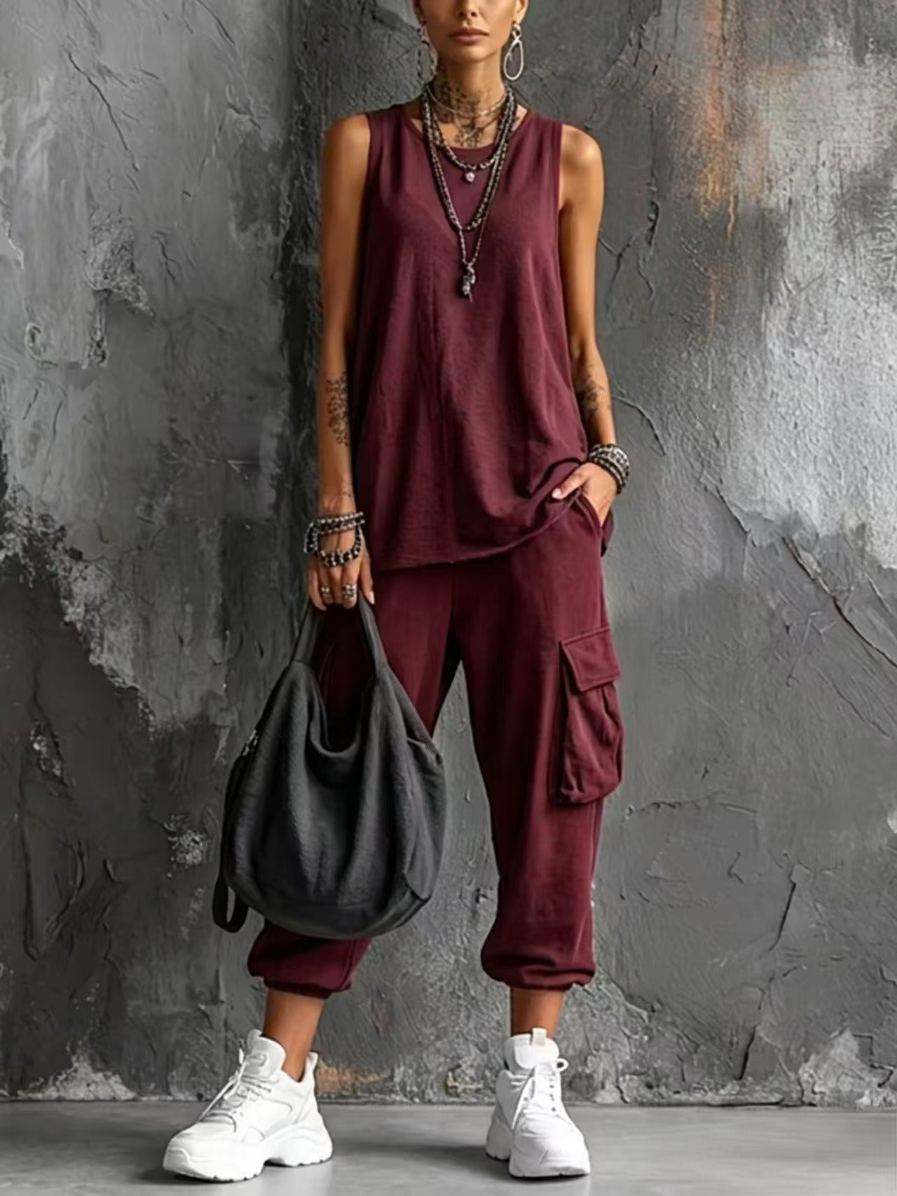 Women's Casual 2-Piece Lounge Set | Sleeveless Knit Tank Top & Cargo Capri Pants Suit