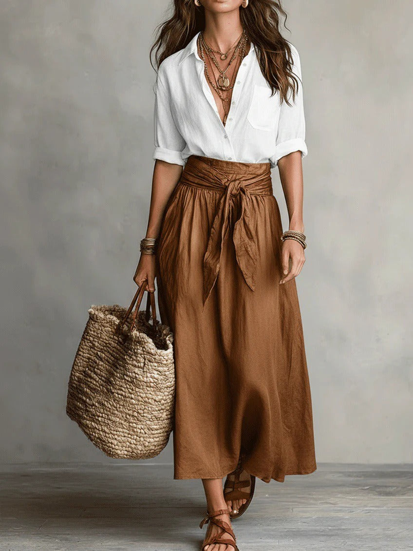 Elegant Colorblock 2-Piece Resort Set - Button-Down Shirt & High-Waist Tie-Wrap Maxi Skirt Set