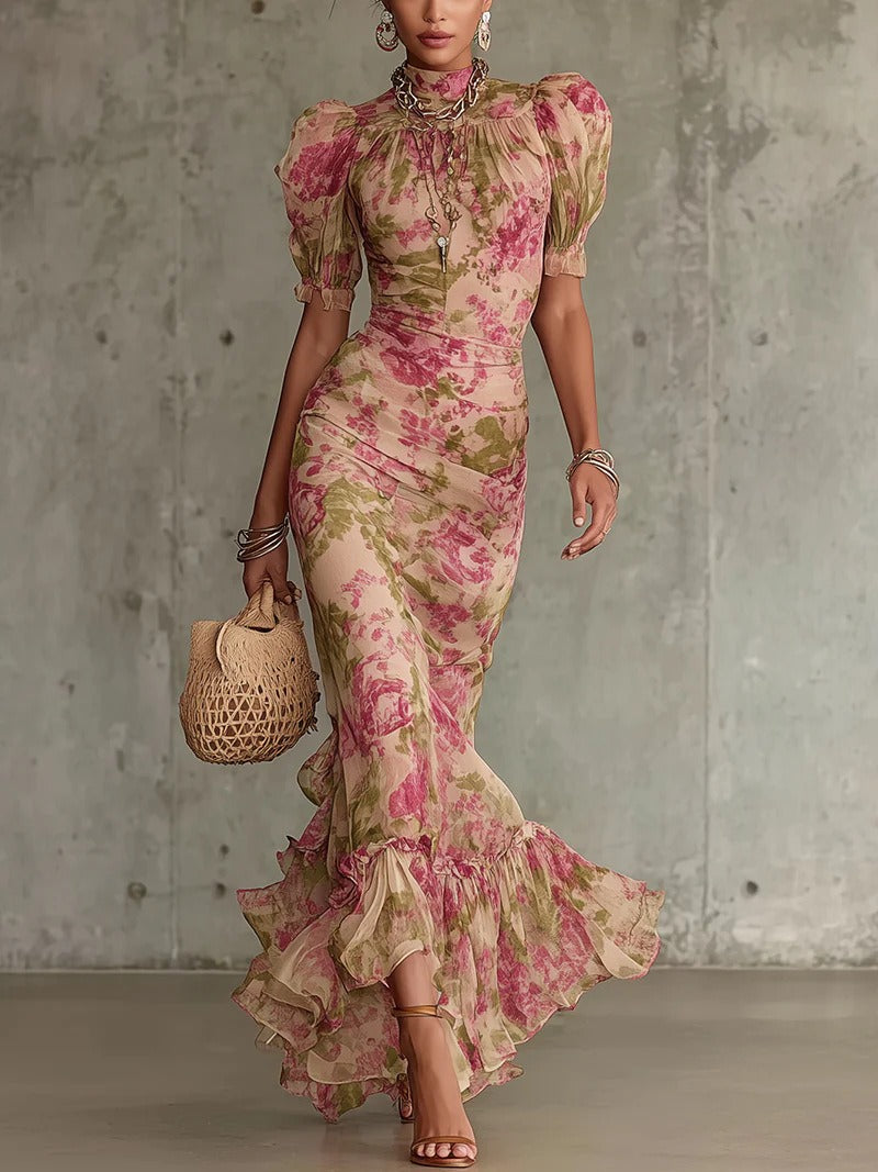 Robe longue en mousseline florale pour femme - Robe sirène à col montant et manches bouffantes