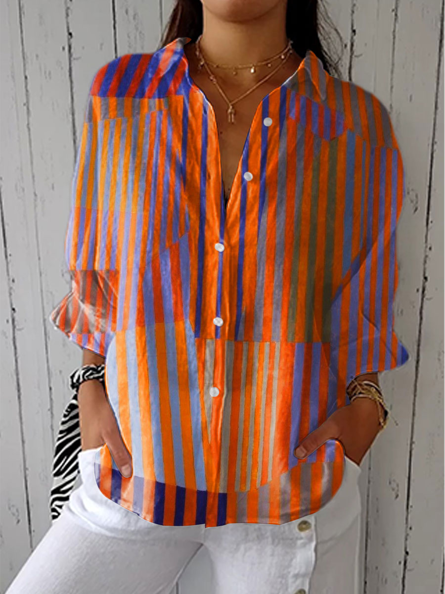 Women's Vintage Colorblock Striped Art Print Casual Cotton And Linen 3/4 Sleeve Shirt