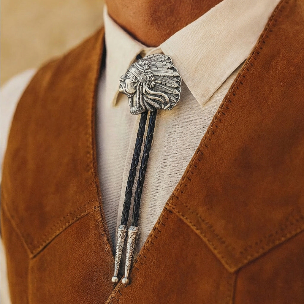 Original Indian men's bolo tie, silver necktie cowboy
