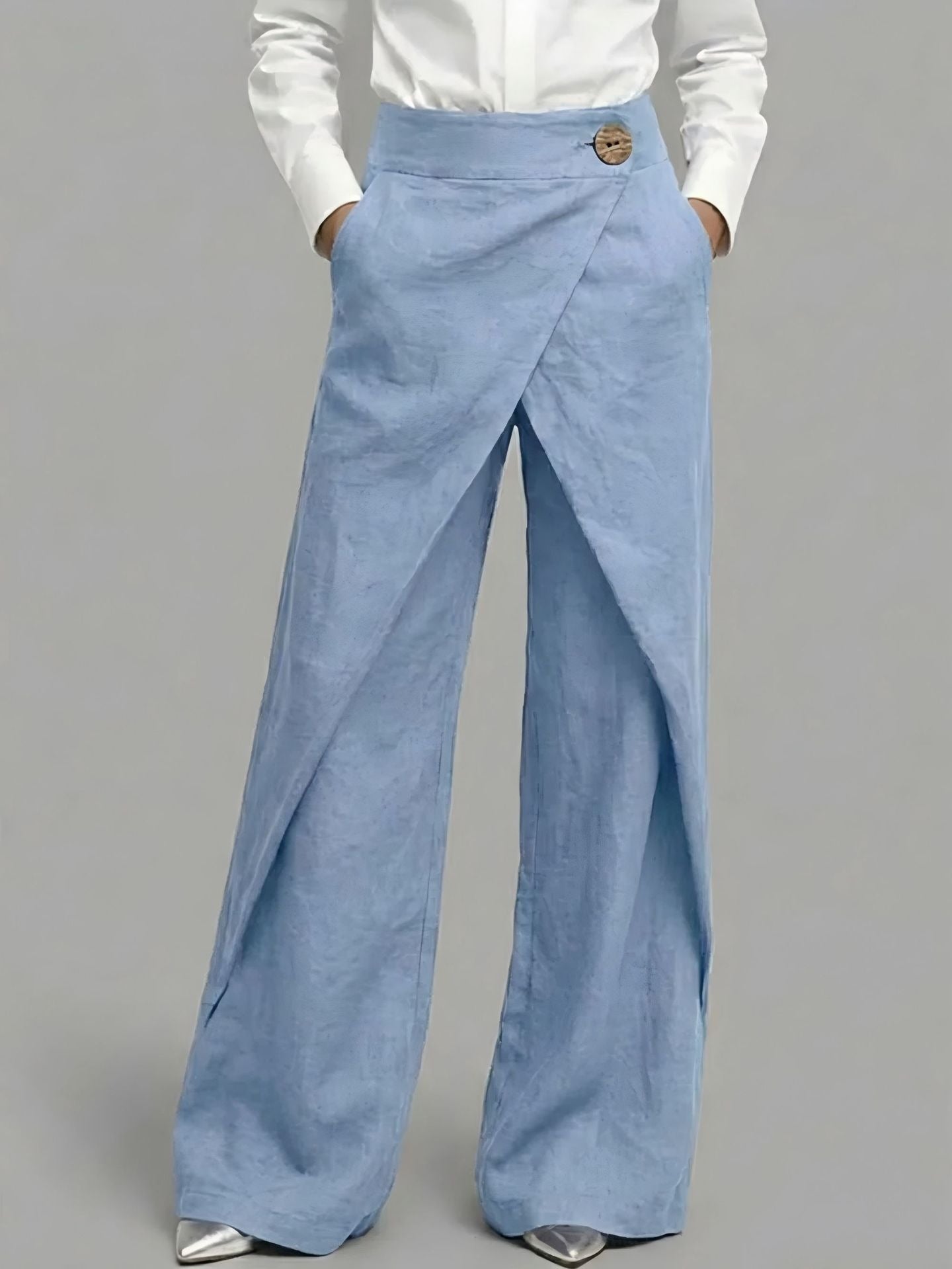High-Waisted Overlap Palazzo Pants | Breathable Linen-Cotton Wide-Leg Trousers with Button Detail
