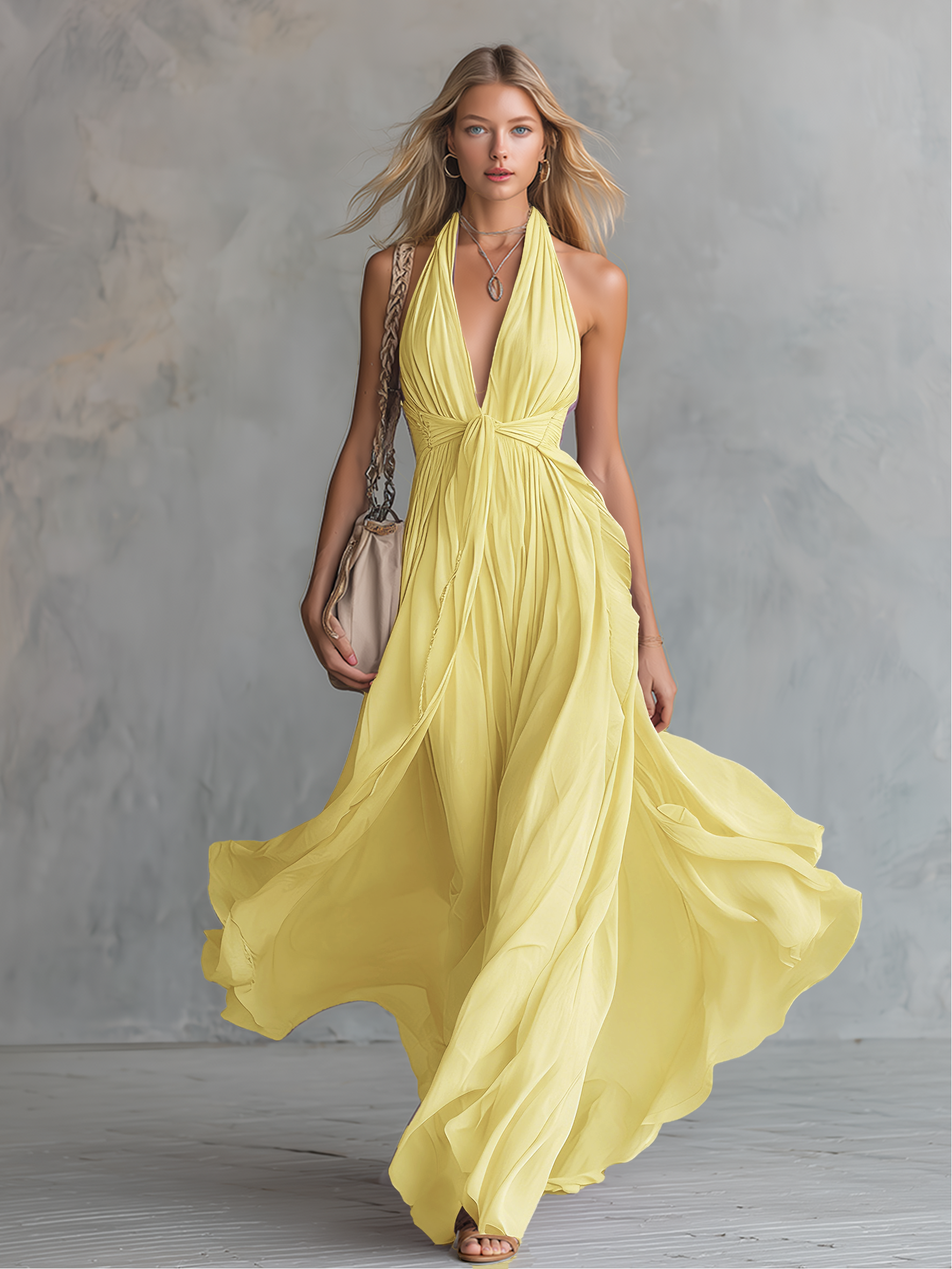Robe longue en mousseline élégante et stylée avec col montant et décolleté en V sans manches