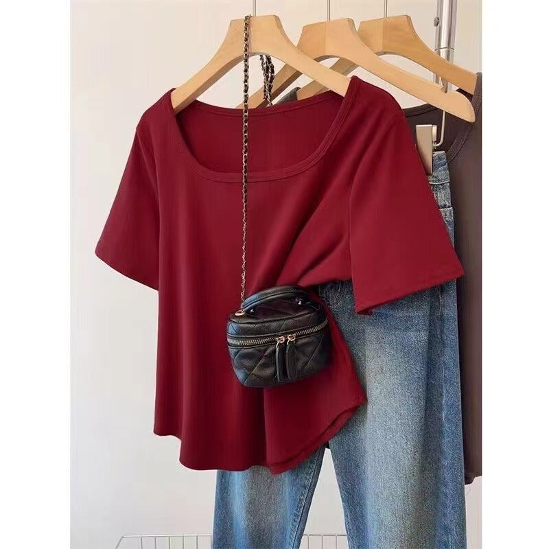 Casual Square Neck 100% Cotton T-Shirt - Relaxed Fit Slimming Short Sleeve Top Plus Size