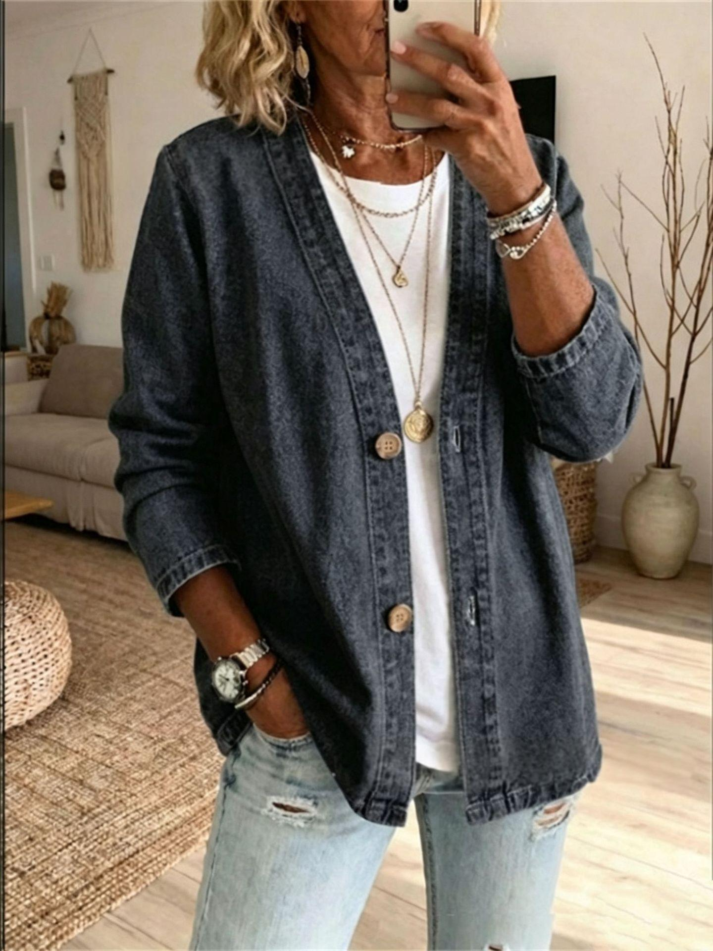 Women's Loose Casual V-Neck Denim Cardigan Jacket | Plus Size Long Sleeve Washed Blue Jean Coat Outwear