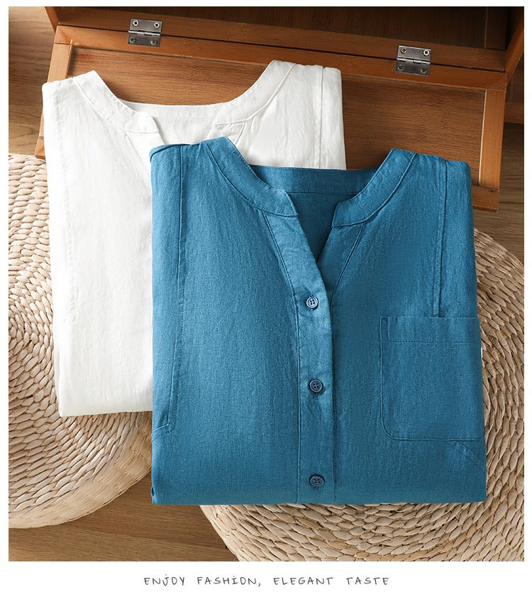Casual Loose-Fit Half Sleeve Button-Down | Breathable Linen-Blend Top with Pocket