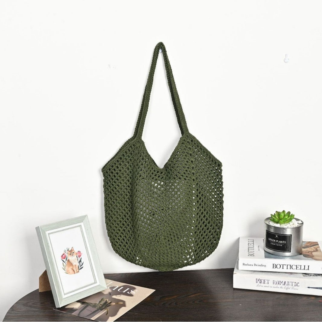 Bohemian Crochet Hollow-Out Straw Beach Tote Bag - Vintage Woven Mesh Shoulder Purse with Inner Pouch