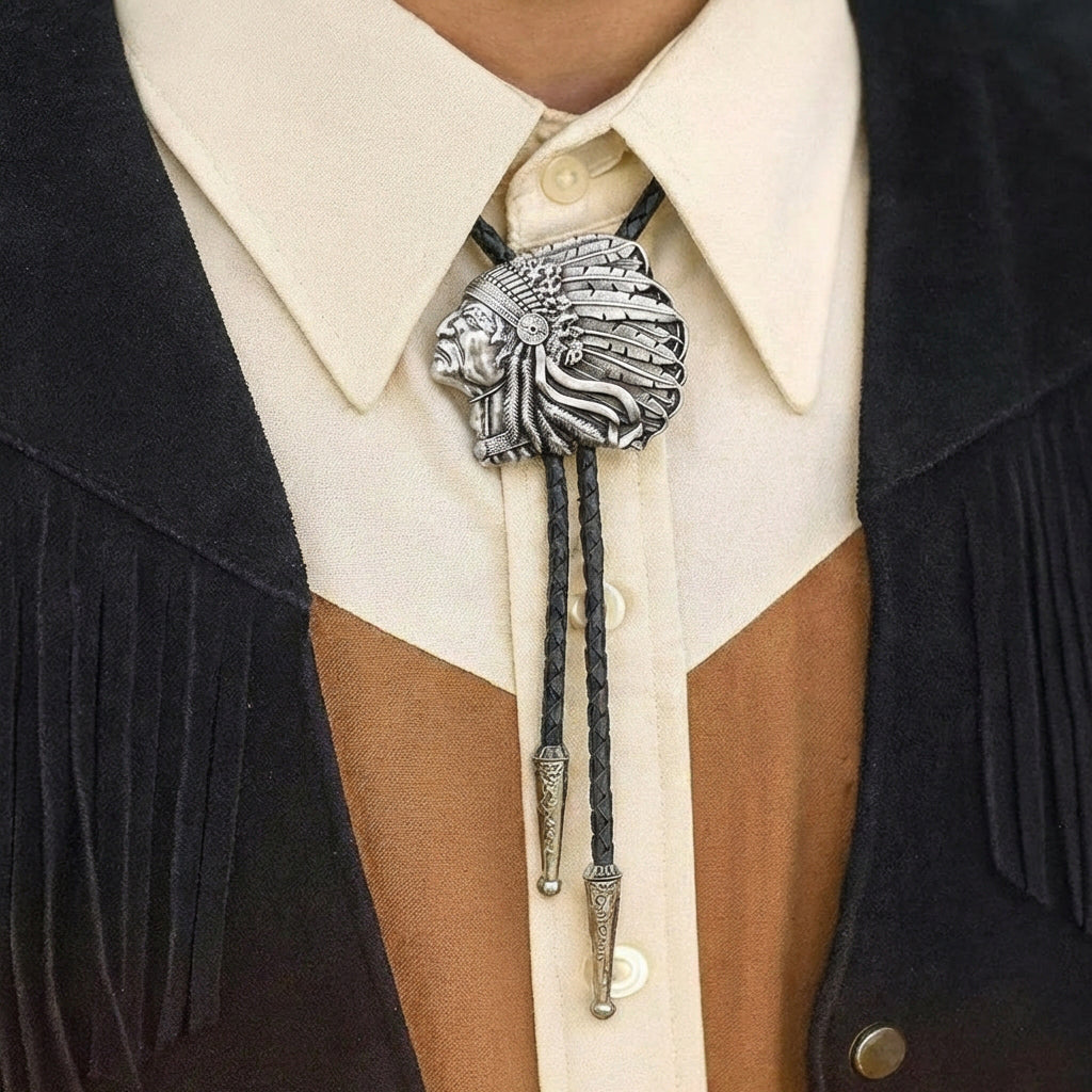 Original Indian men's bolo tie, silver necktie cowboy