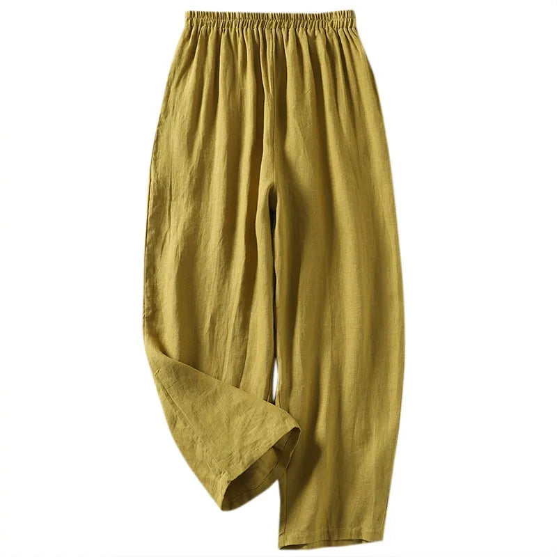 High-Waisted Smocked Elastic Waist Pants | Breathable Linen-Blend Lantern Trousers
