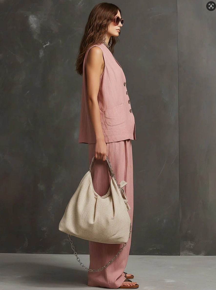 Chic Cotton Linen Blend 2-Piece Set - Sleeveless Button-Down Vest & High-Waist Wide Leg Pants Lounge Set