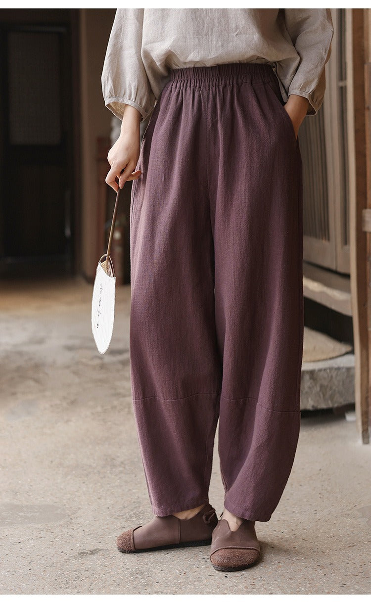 PromiseGift Retro Relaxed Fit Tapered Trousers | Sustainable Ramie Cotton Lantern Pants