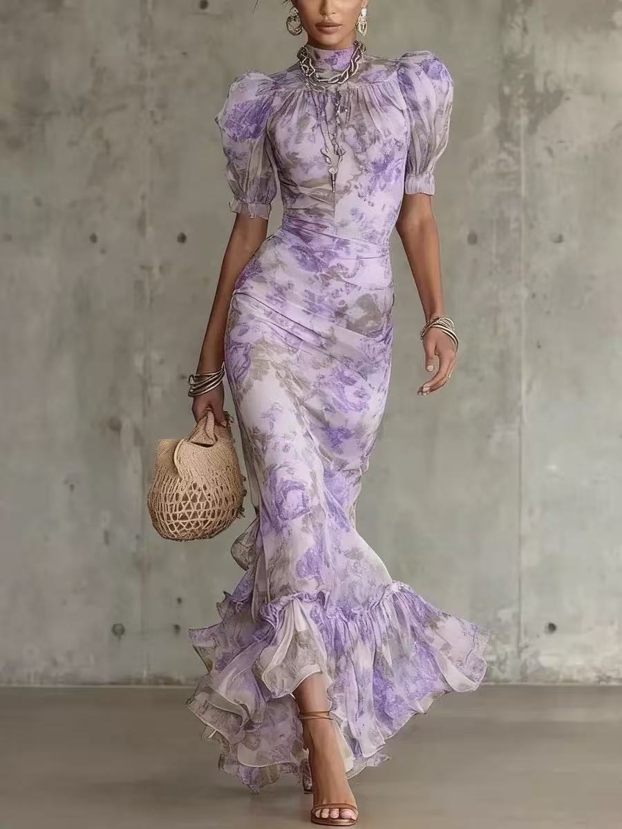 Robe longue en mousseline florale pour femme - Robe sirène à col montant et manches bouffantes