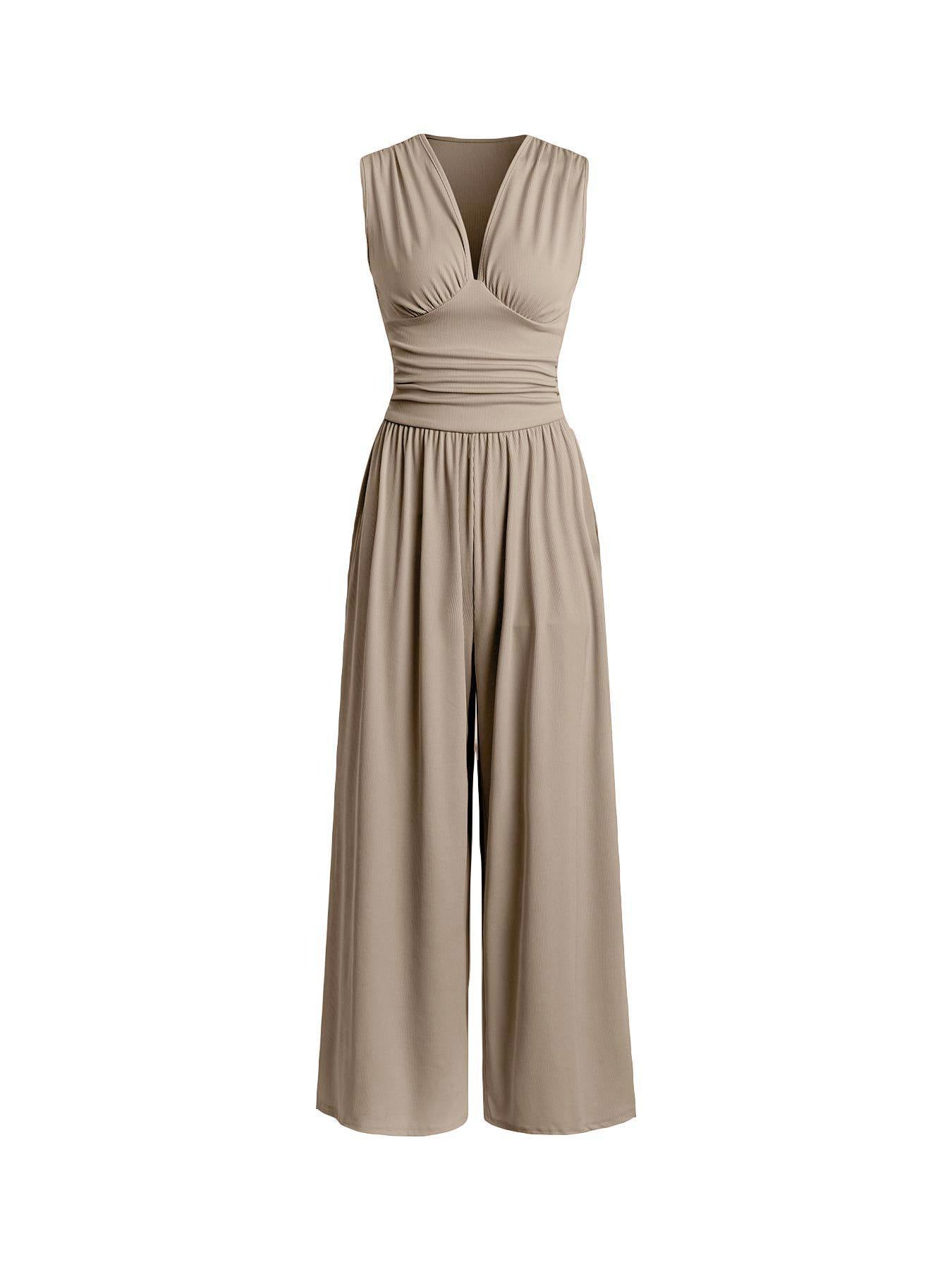 Chic Plunging V-Neck Sleeveless Jumpsuit - Elegant Ruched Waist Ribbed Knit Wide-Leg Romper for Women