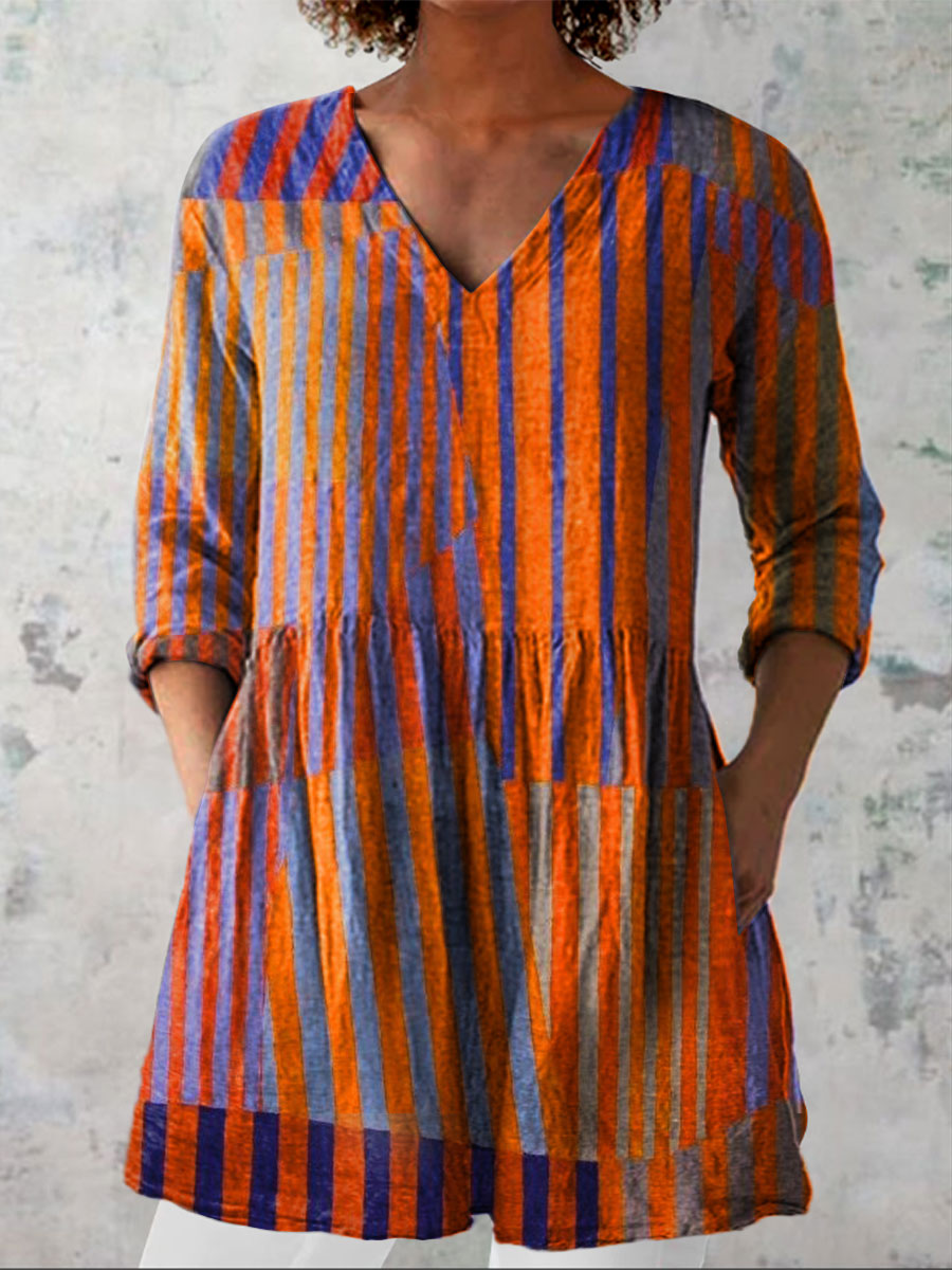 Women's Vintage Colorblock Striped Art Print Casual Cotton And Linen 3/4 Sleeve Shirt
