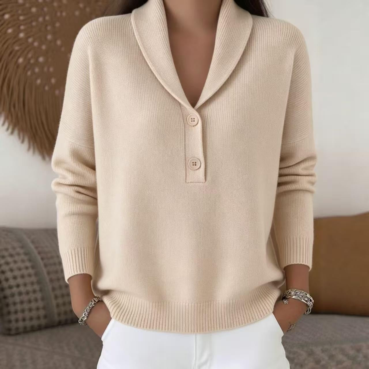 Chic Ribbed Neckline Pullover Sweater for Women - Retro Slouchy Loose Fit Jumper