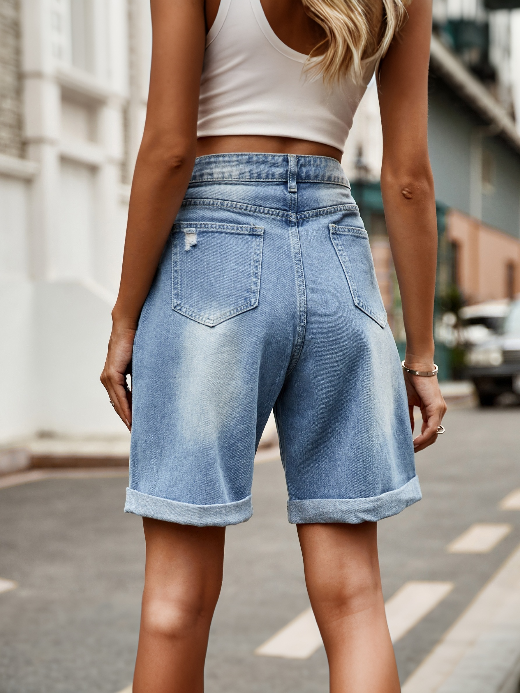 Women's Distressed Bermuda Denim Shorts | Mid-Thigh Loose Fit Washed Blue Jean Shorts with Rolled Cuffs