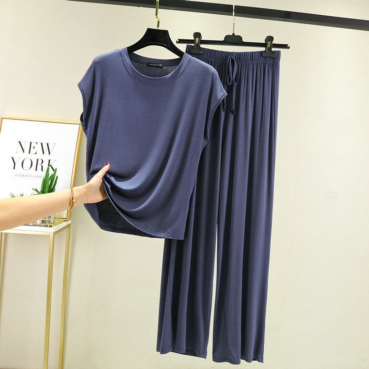 Ensemble de détente 2 pièces en modal pour femme - Tee-shirt à manches courtes et pantalon de pyjama à jambes larges