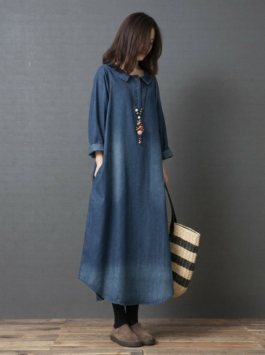 Vintage Washed Denim Polo Dress for Women - Chic Long Sleeve Button Pullover Gown