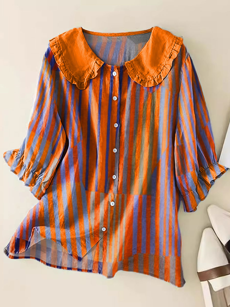 Women's Vintage Colorblock Striped Art Print Casual Cotton And Linen 3/4 Sleeve Shirt