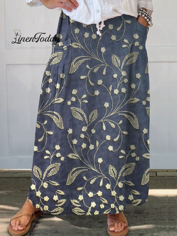 Women's Vintage Floral Art Print Pocket Cotton Dress